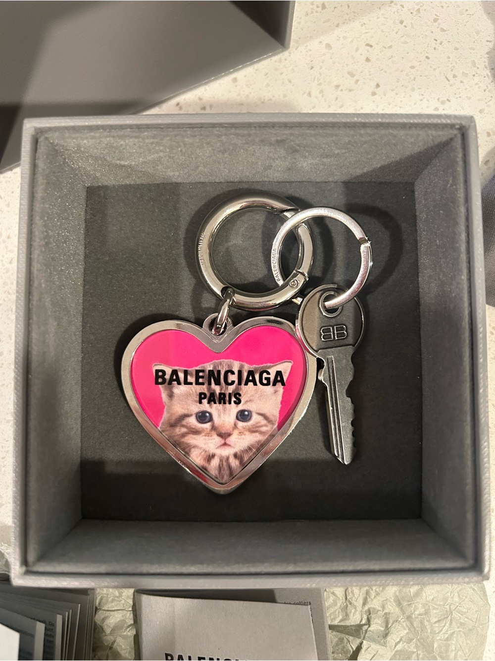 Balenciaga Pink Heart Cat Key Ring with Silver Hardware